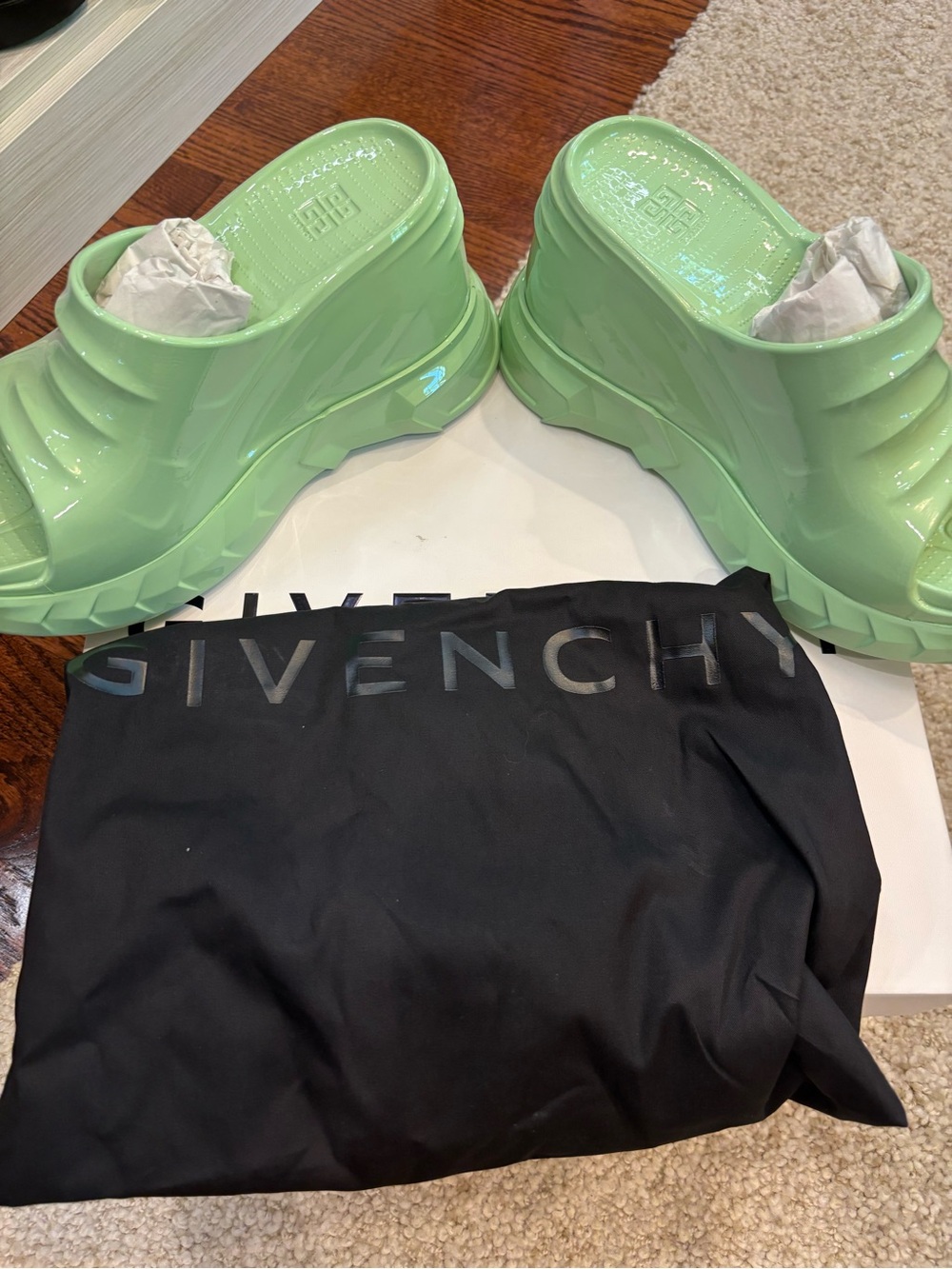 Givenchy Mint Green Glossy Platform Slide Clogs